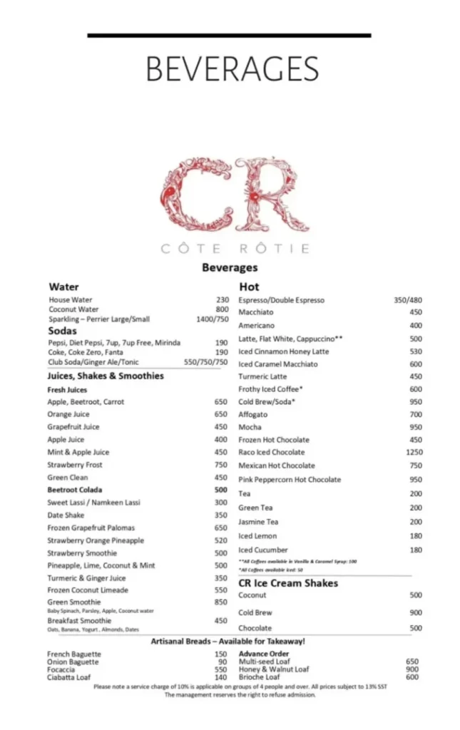 Cote Rotie Restaurant Karachi Menu