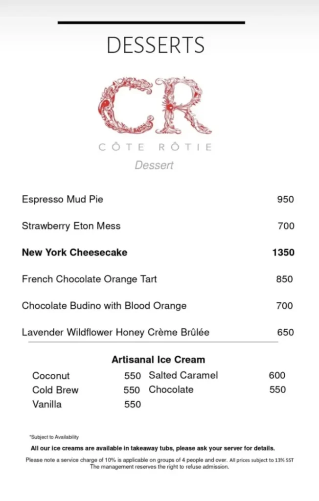 Cote Rotie Restaurant Karachi Menu