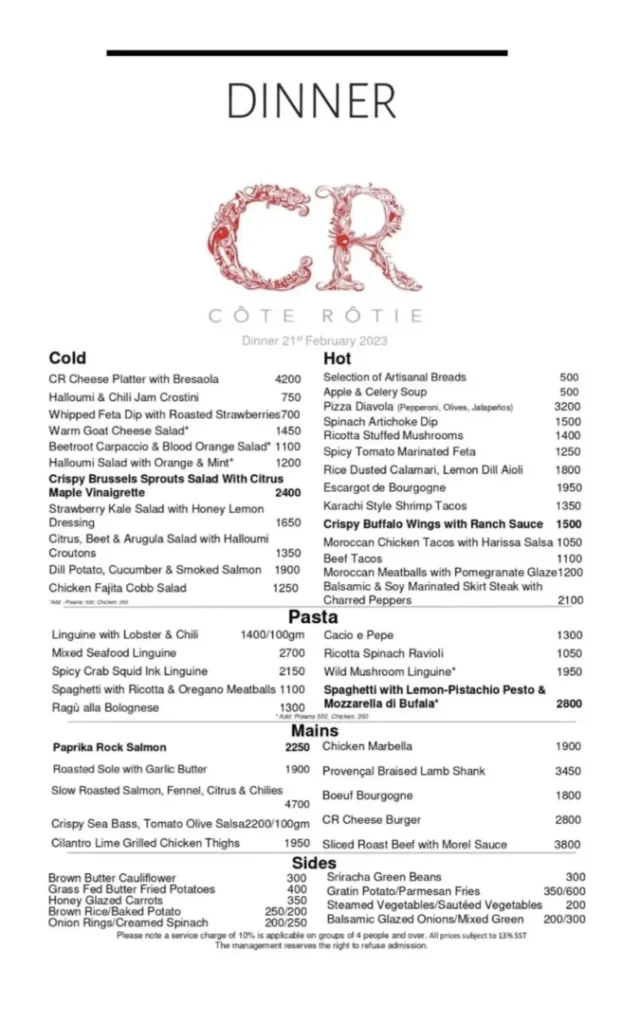 Cote Rotie Restaurant Karachi Menu
